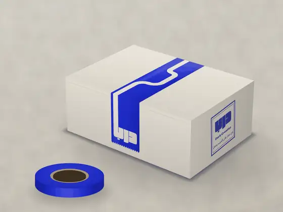 A mailer box whose tape carries the path into the word