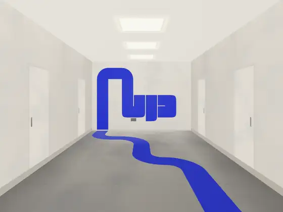 A painted blue path running down a corridor and up the end wall into the mark
