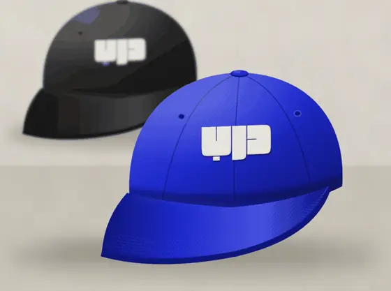 Two caps, blue and black, stitched with the mark