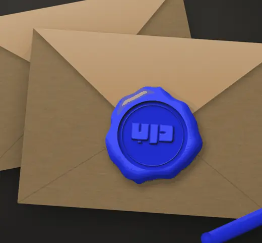 A blue wax seal with the mark on a kraft envelope