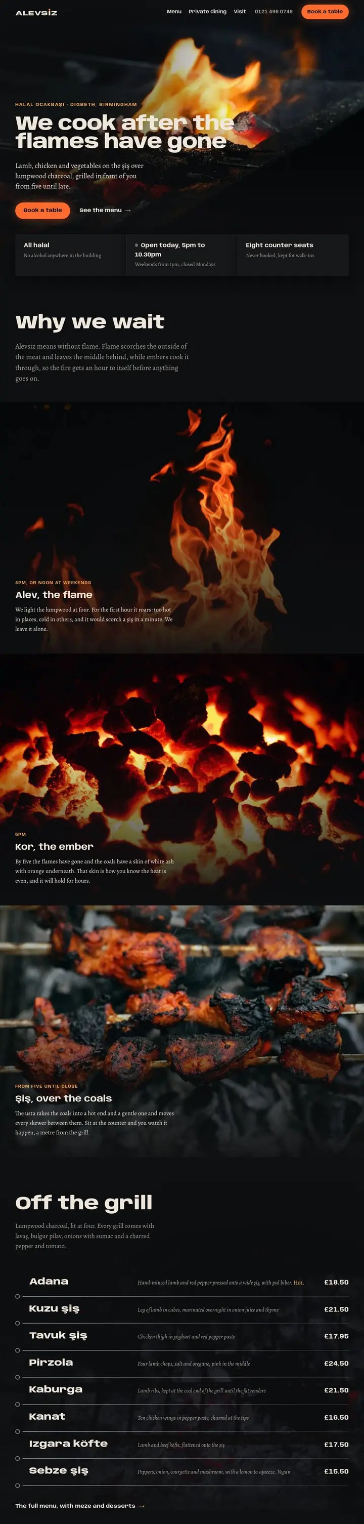 A grill restaurant's website we designed and built, from the top of the page down
