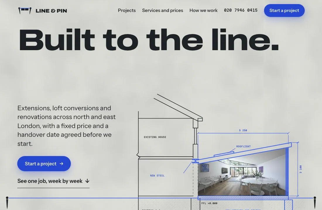 The home page of a home builder's website we designed from a blank page, with a drawn section of an extension.