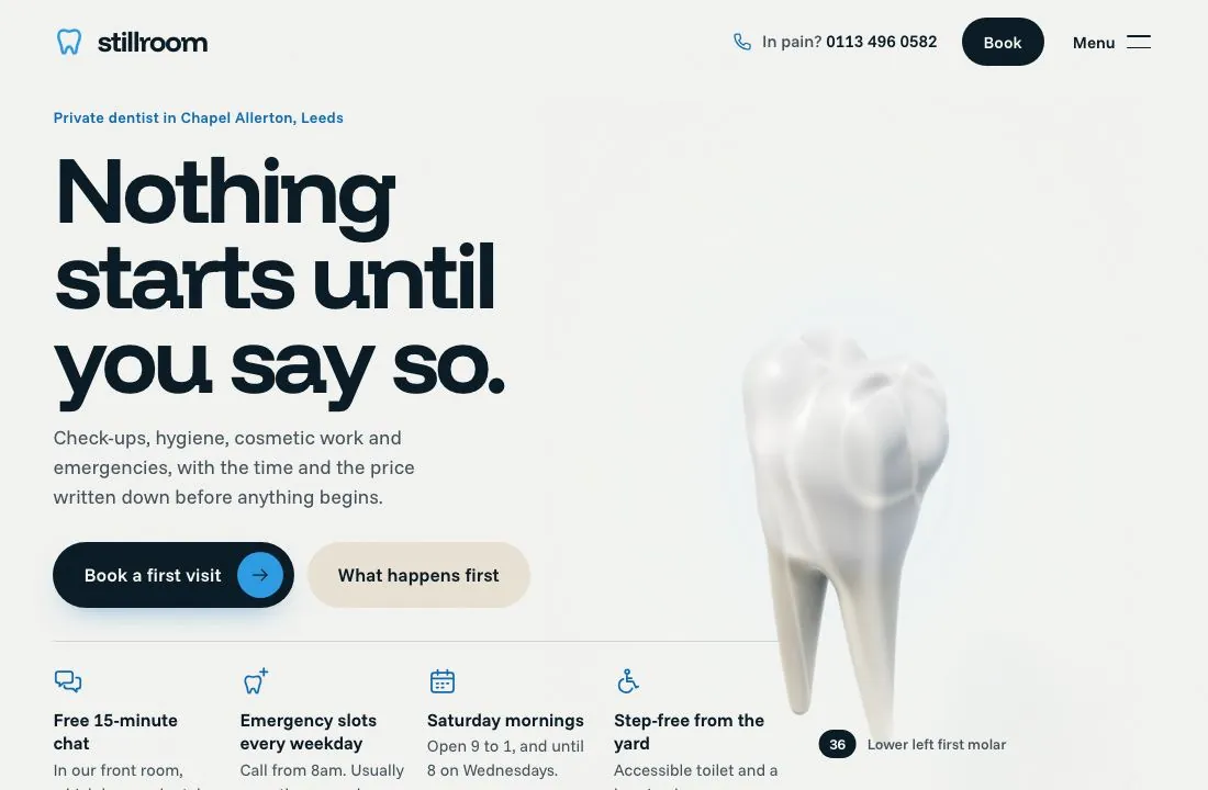 The finished home page of a dental clinic's website we designed: a large headline, two buttons and a sculpted white tooth.