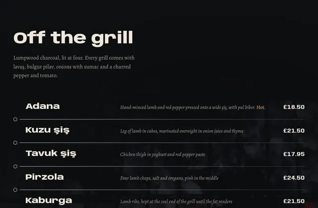 The other pages of the grill restaurant's site, designed from the first: the menu, how a table goes and the private room.