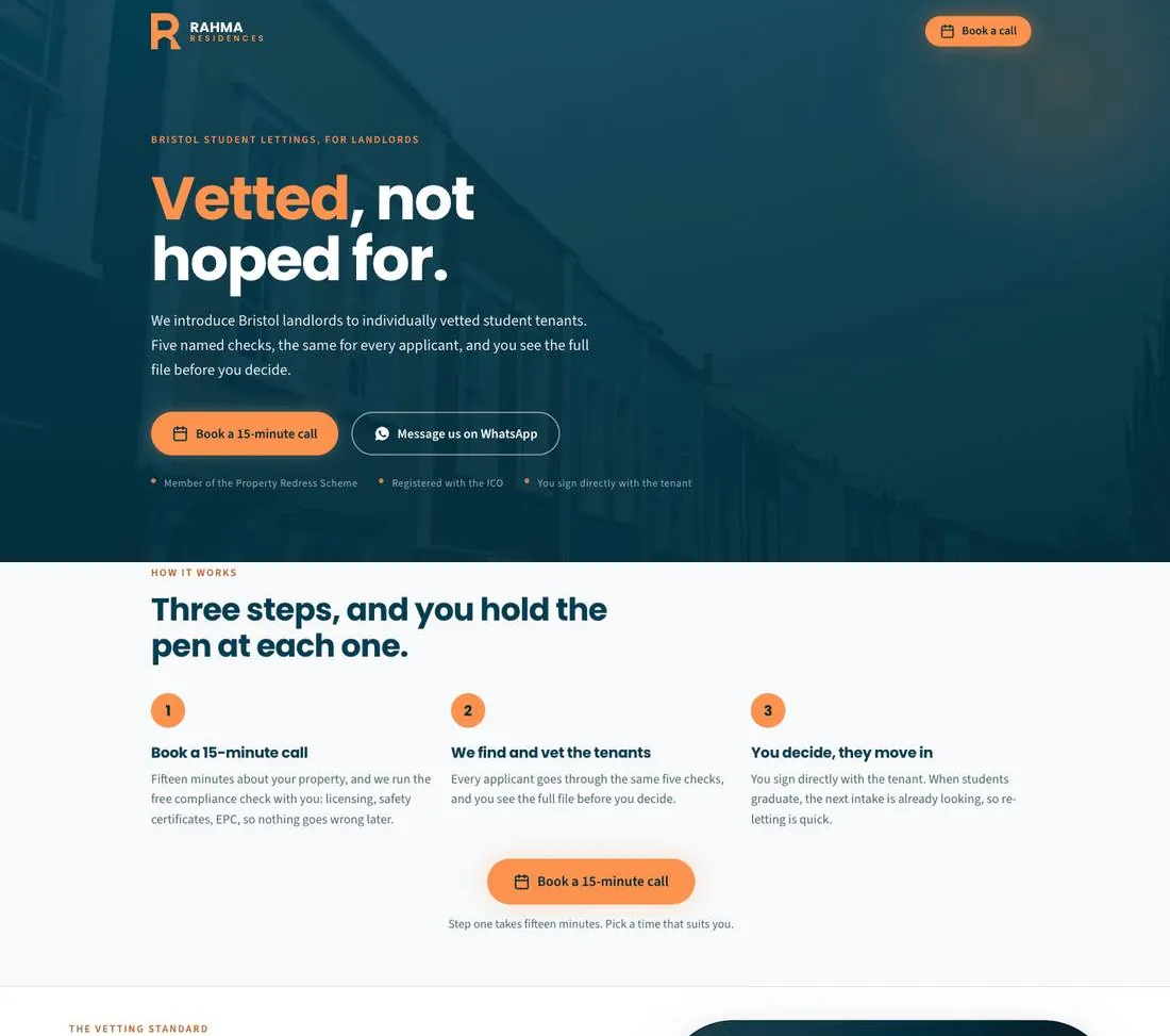 The Rahma Residences website: its home page and how letting with them works.